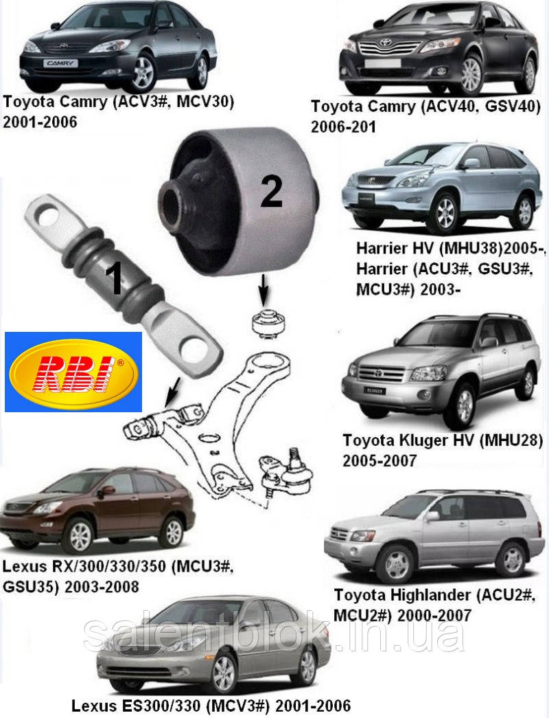 Сайлентблоків Toyota Camry30/40; Lexus ES300/330  2001-2006; Highlander  2000-2007;  Комплект 4шт  RBI