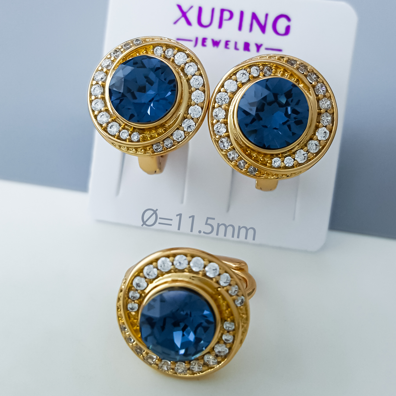 Сережки "Класика" з синім Swarovski та цирконієм, медзолото Xuping позолота 18К