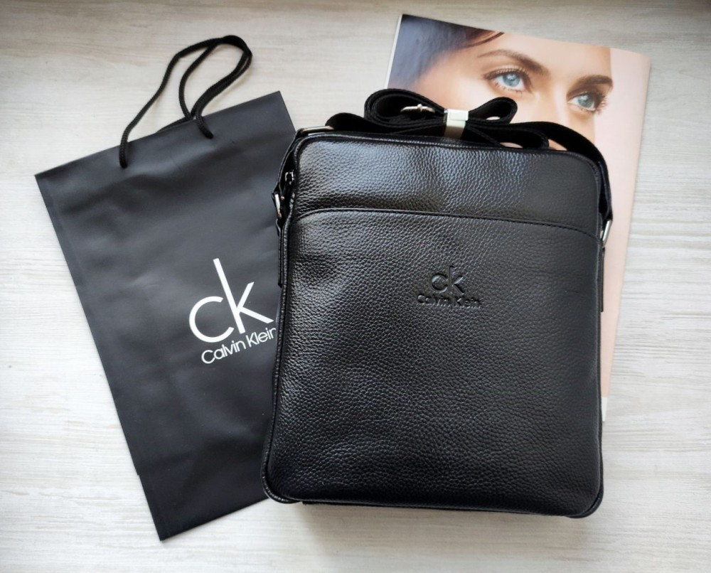 Стильна чоловіча шкіряна сумка месенджер Calvin Klein black у фірмовому пакеті, фото 1