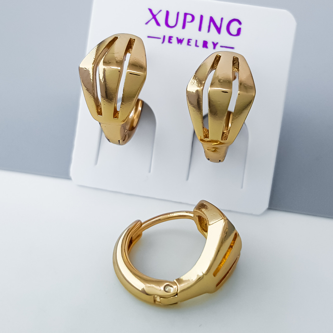 Сережки "Асиметричний Ромб" без каміння, медзолото Xuping позолота 18К