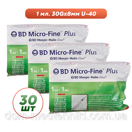 Шприци інсулінові з інтегрованою голкою BD Micro-Fine Plus 1 мл U-40 (8 мм х 30G), 30 шт., фото 1