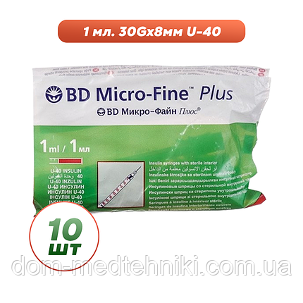 Шприци інсулінові з інтегрованою голкою BD Micro-Fine Plus 1 мл U-40 (8 мм х 30G), 10 шт., фото 1