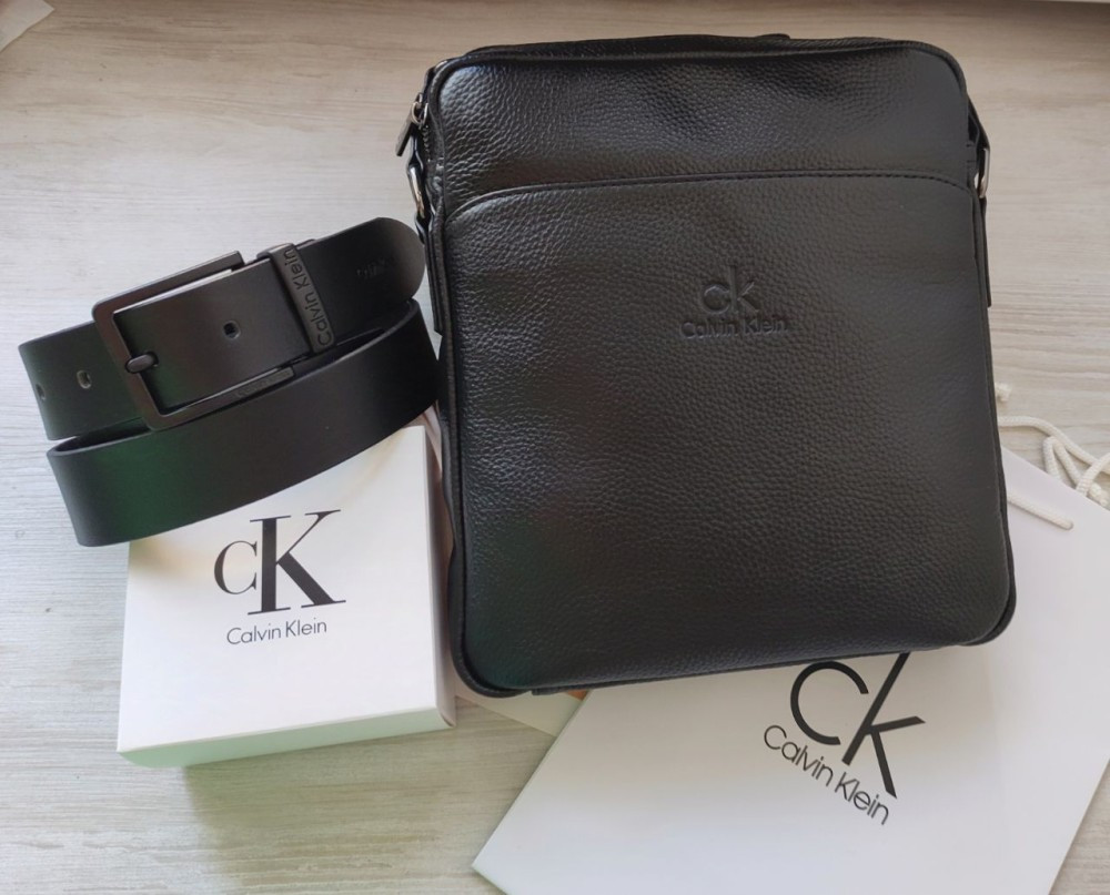Стильний шкіряний набір Calvin Klein black, сумка месенджер та ремінь, фото 1