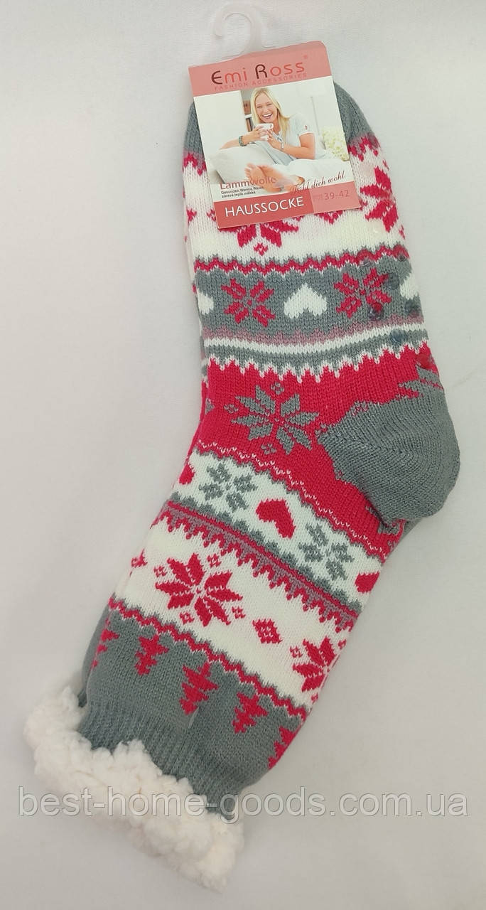 Шкарпетки флісові жіночі теплі з хутром | домашні | антиковзкі | узори етно | кольори ніжно-сірий, червоний, білий | розміри 35–41, фото 1
