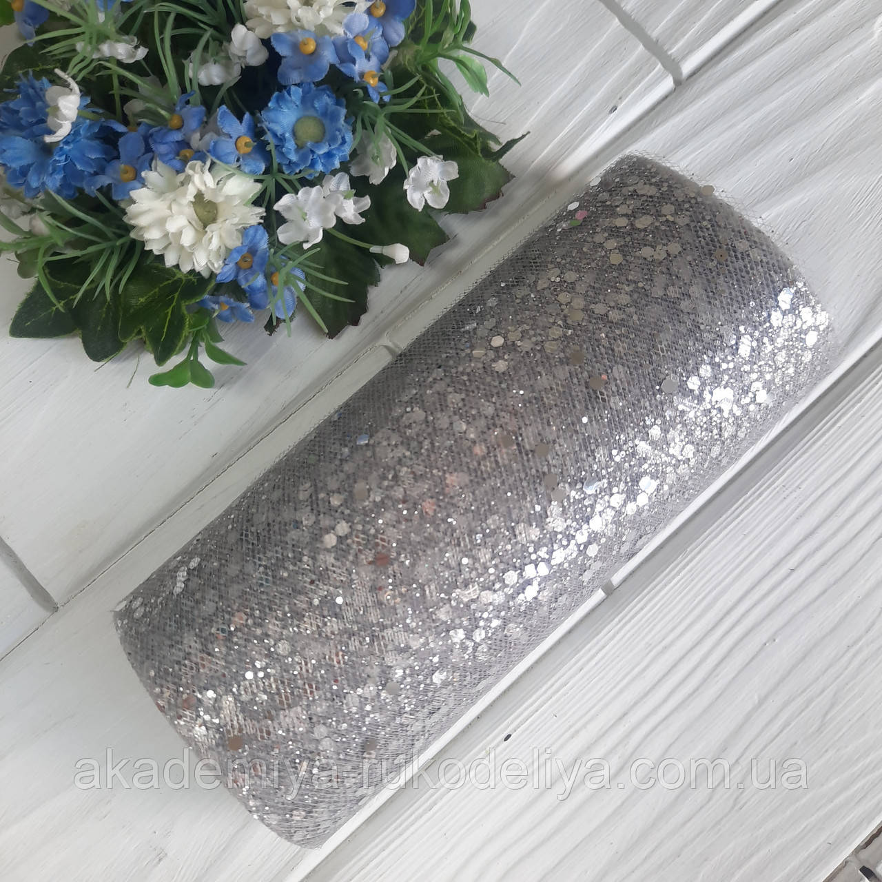 Фатин із дрібними блискітками та паєткою, 15 см/8 м/ срібний, фото 1