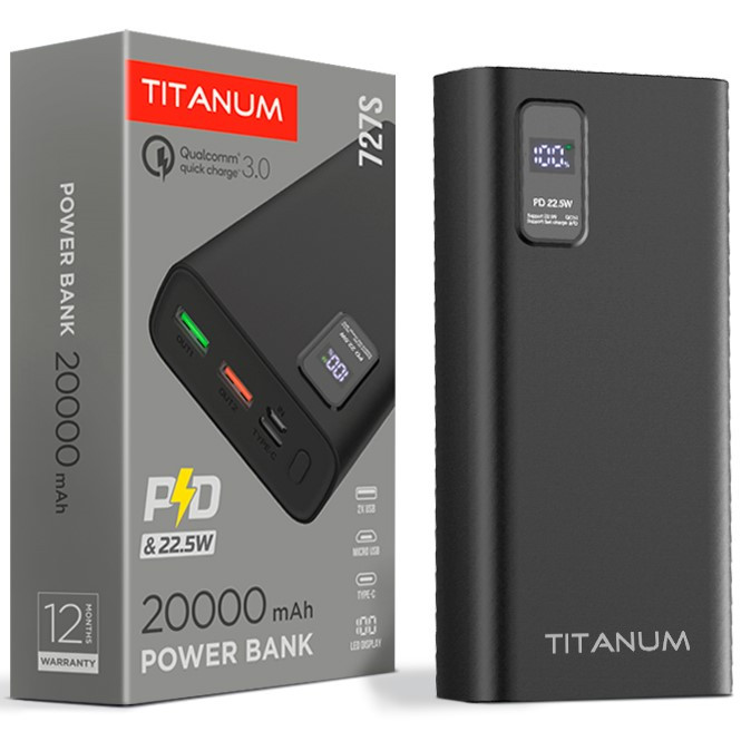 Повербанк 20 000 mAh TITANUM 727S 22.5W Black (Quick charge 3.0, Micro USB, USB-C, 2xUSB-A)