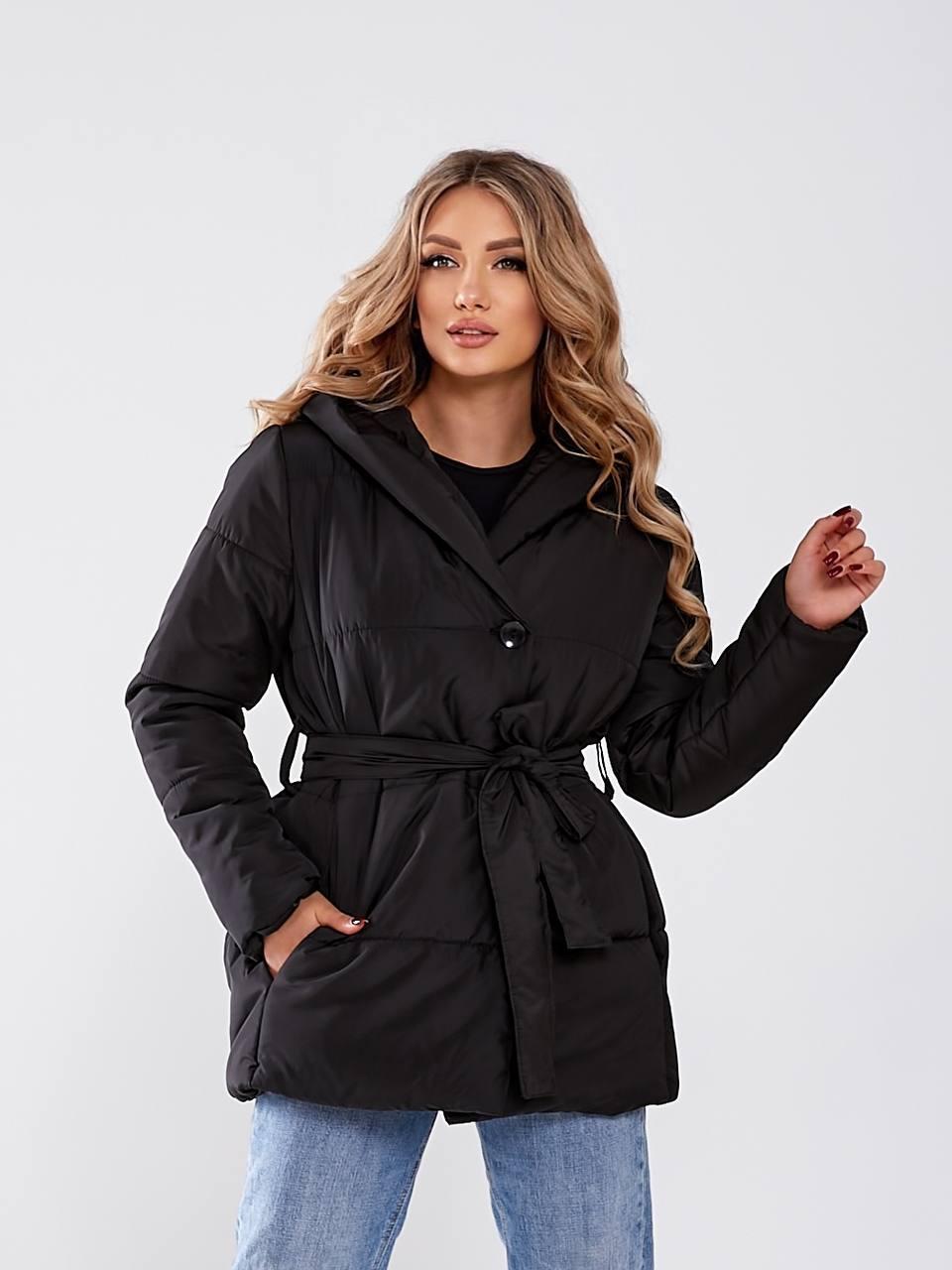 Куртка з капюшоном і поясом/ є великі розміри/,арт. 1005, колір чорний / чорного кольору