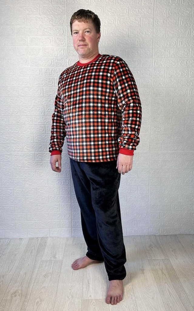Пижама мужская махровая теплая красная зимняя в клеточку, домашний костюм 48-58р.