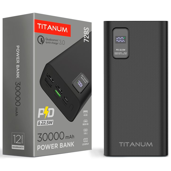 Повербанк 30 000 mAh TITANUM 728S 22.5W Black (Quick charge 3.0, 4xUSB-A, Micro USB, USB-C)