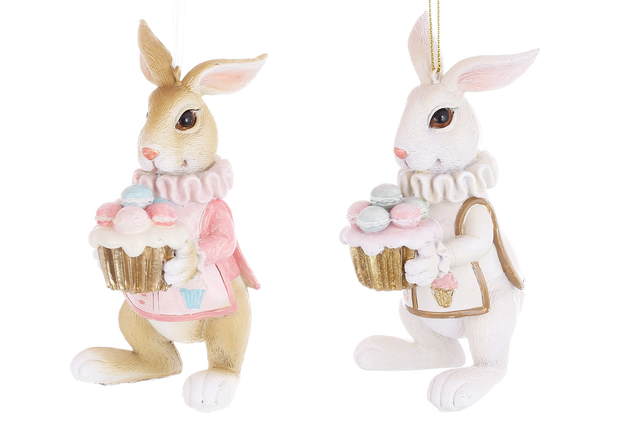 Фігурка-підвіска полістоун "Кролик з макарунсами" 8х7х13,5см,2 дизайни,білий та коричневий, фото 1