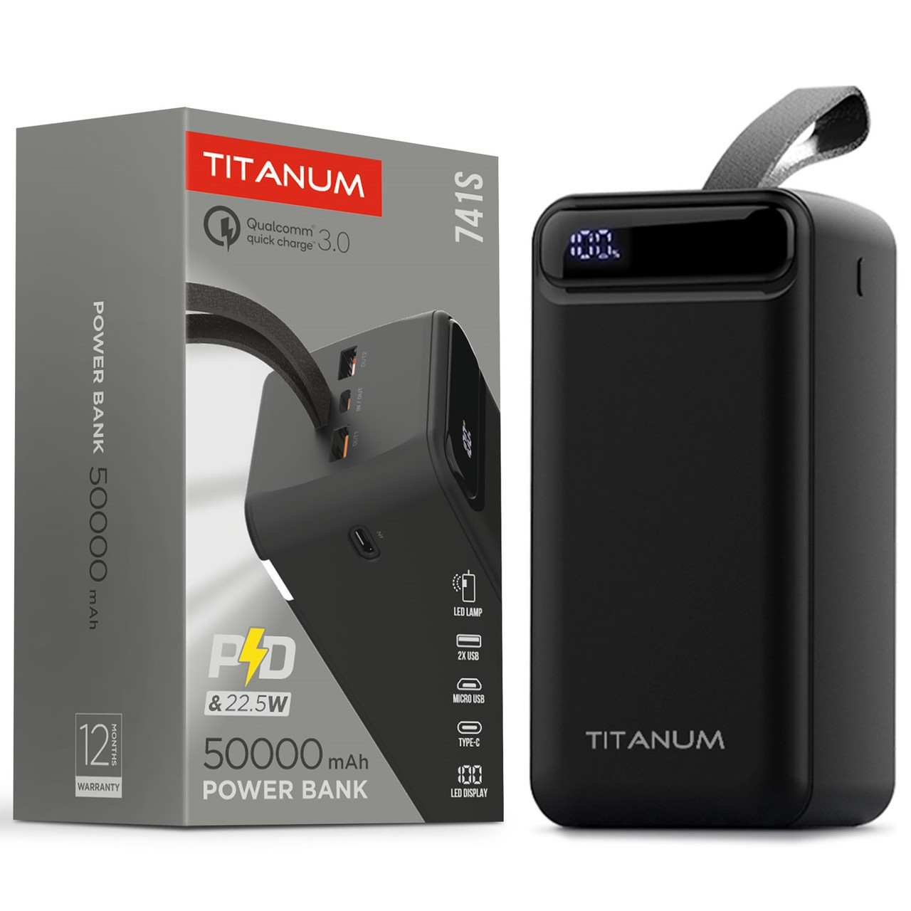 Повербанк 50 000 mAh TITANUM 741S 22.5W Black (Quick charge 3.0, Micro USB, USB-C, 2xUSB-A)