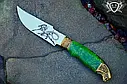Ніж ручної роботи «Чужий у зеленому» 160х34х2.4мм з інструментальної сталі та руків'ям з капа клена, фото 2