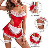 Жіночий червоний ігровий костюм покоївки з чоппер і пов'язки на руки, фото 6