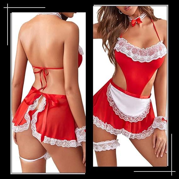 Жіночий червоний ігровий костюм покоївки з чоппер і пов'язки на руки, фото 1