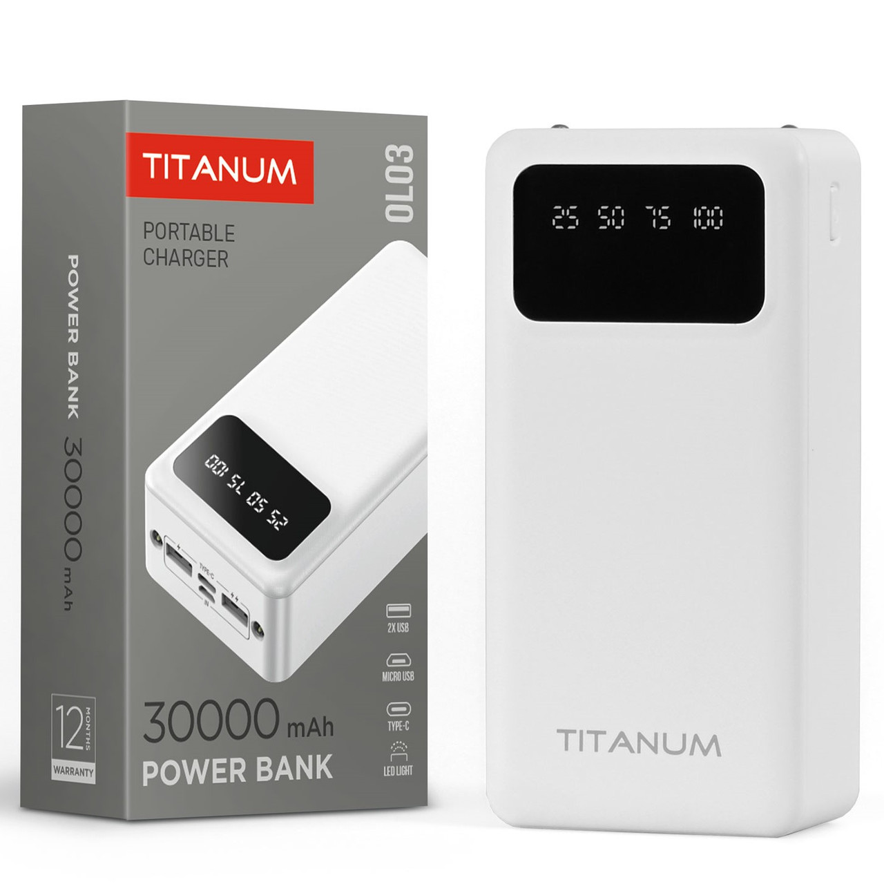 Повербанк 30 000 mAh TITANUM OL03 22.5W White (Portable charger, Micro USB, USB-C, 2xUSB-A)