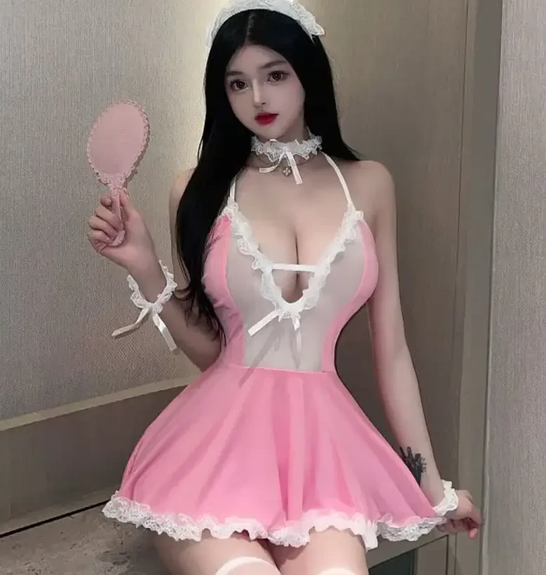 Костюм покоївки для дорослих ігор у рожевому кольорі сукня з нашийником, фото 1