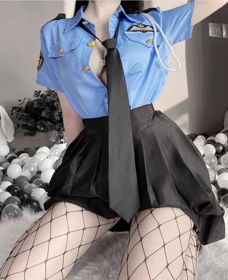 Сексуальний ігровий костюм поліцейської спідниця, блуза, краватка, фото 1