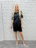 Вечірня коротка жіноча сукня міні з екошкіри з мереживом святкова з коротким рукавом, фото 9