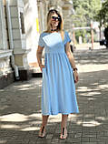 Довга легка жіноча сукня розлітайка літня однотонна вільна сукня міді з коротким рукавом жатка сукня, фото 7