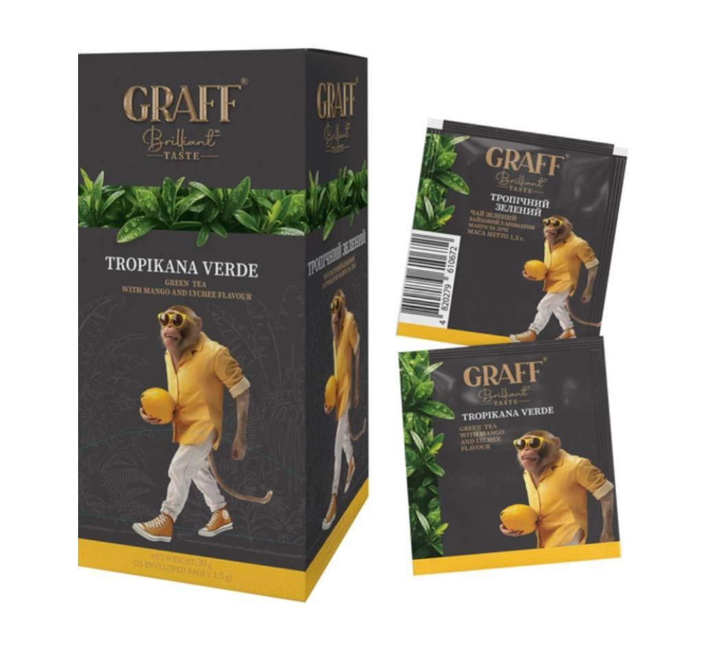 Чай зелений Graff з ароматом манго та лічі  Tropicana verde  у пакетиках (саше) 20*1,5г, (Графф)