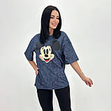 Трикотажна жіноча футболка оверсайз із принтом мікі модна турецька футболка варенка базова розмір 50-52, фото 7