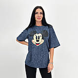 Трикотажна жіноча футболка оверсайз із принтом мікі модна турецька футболка варенка базова розмір 50-52, фото 9