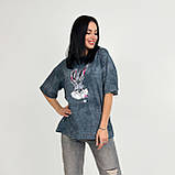 Трендова жіноча футболка тай дай з принтом кролик турецька футболка варенка оверсайз повсякденна, фото 5