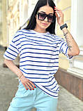 Подовжена жіноча футболка біла в смужку трикотажна якісна турецька футболка оверсайз з принтом, фото 2