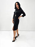 Святкова вечірня жіноча сукня міді зі вставками з екошкіри з розрізом на нозі, фото 6
