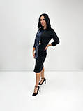Святкова вечірня жіноча сукня міді зі вставками з екошкіри з розрізом на нозі, фото 3