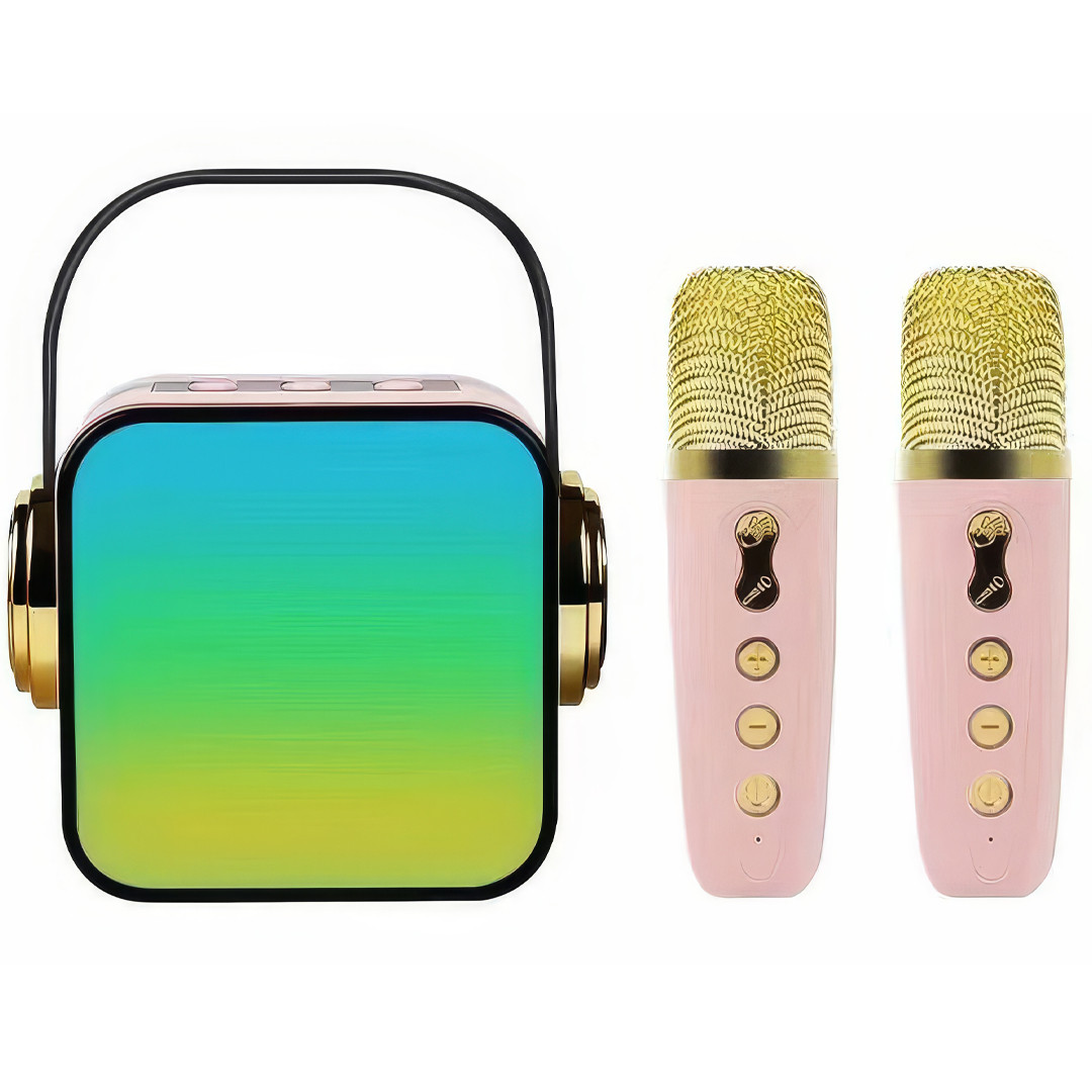 Портативна Bluetooth колонка з 2 караоке мікрофонами Music With Karaoke Рожева Колонка RGB з підсвічуванням, фото 1