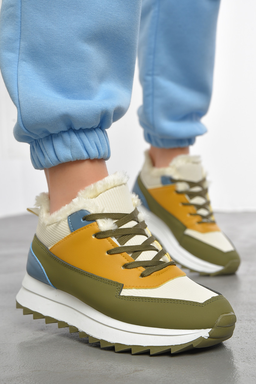 Кросівки жіночі кольору хакі на хутрі 193444T Безкоштовна доставка, фото 1