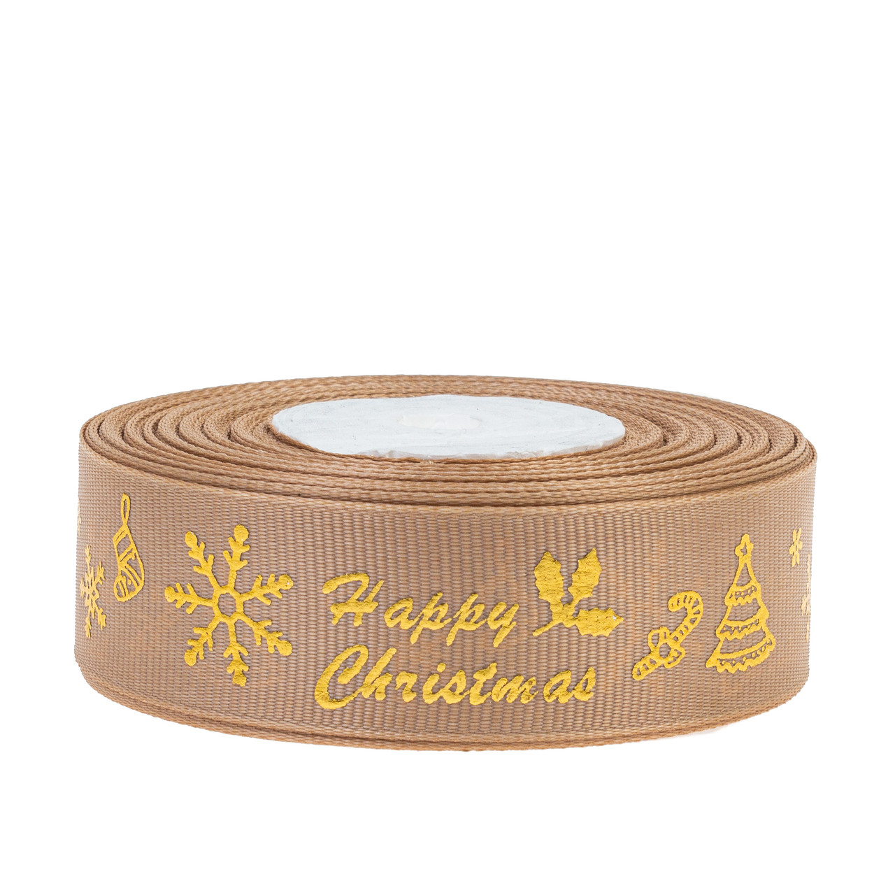 Стрічка репсова 2,5 см (1 м) "Happy Cristmas" бежева