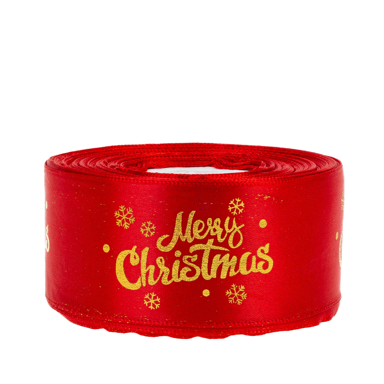 Стрічка атласна "Мerry Cristmas" (з сніжинками) 4,0 см (1 м), червона