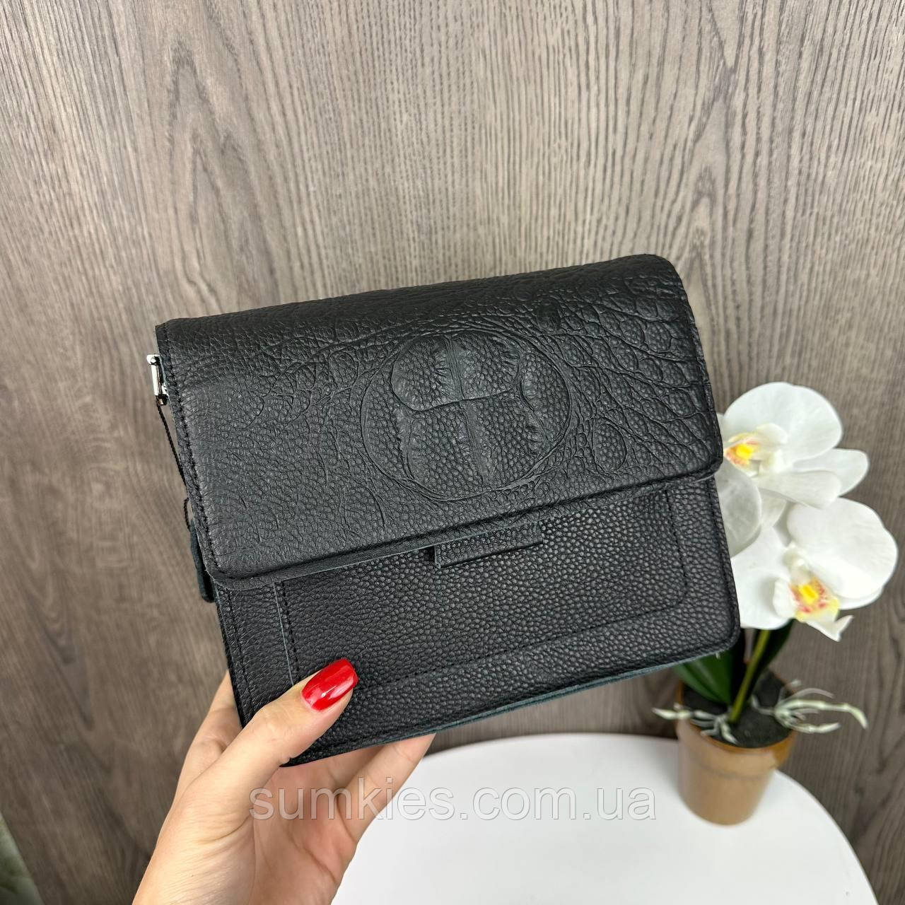 Шкіряна жіноча міні сумочка клатч рептилії чорний. Маленька сумка на плече натуральна шкіра, фото 1