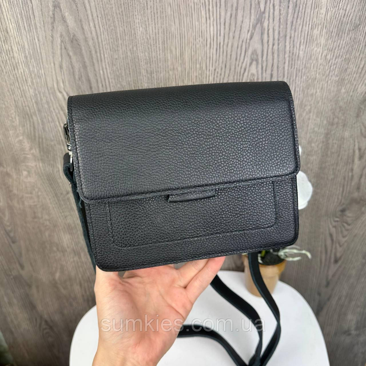 Шкіряна жіноча міні сумочка клатч на плече чорна, фото 1