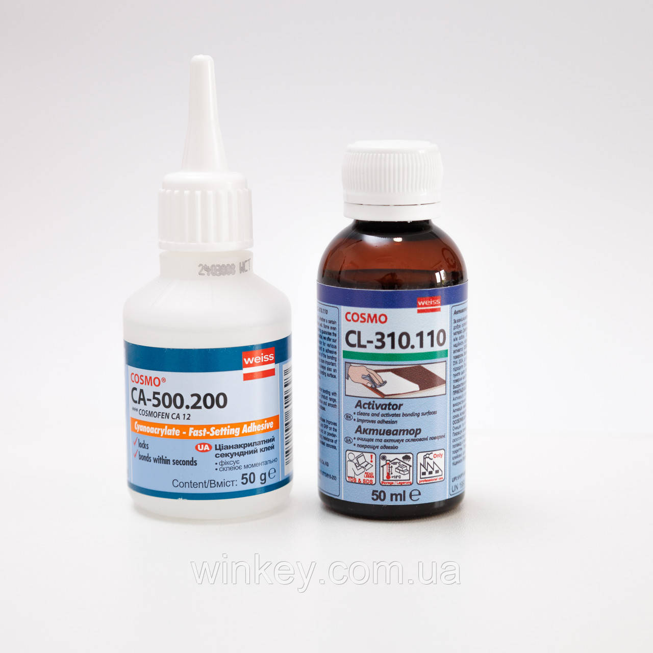 Суперклей Cosmofen CA-500.200 50 мл c активатором клею Cosmofen CL 310.110 50 мл, фото 1