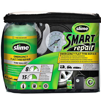 Ремкомплект для автомобільних покришок напівавтоматичний Slime Smart Spair (герметик + повітряний компресор), фото 1