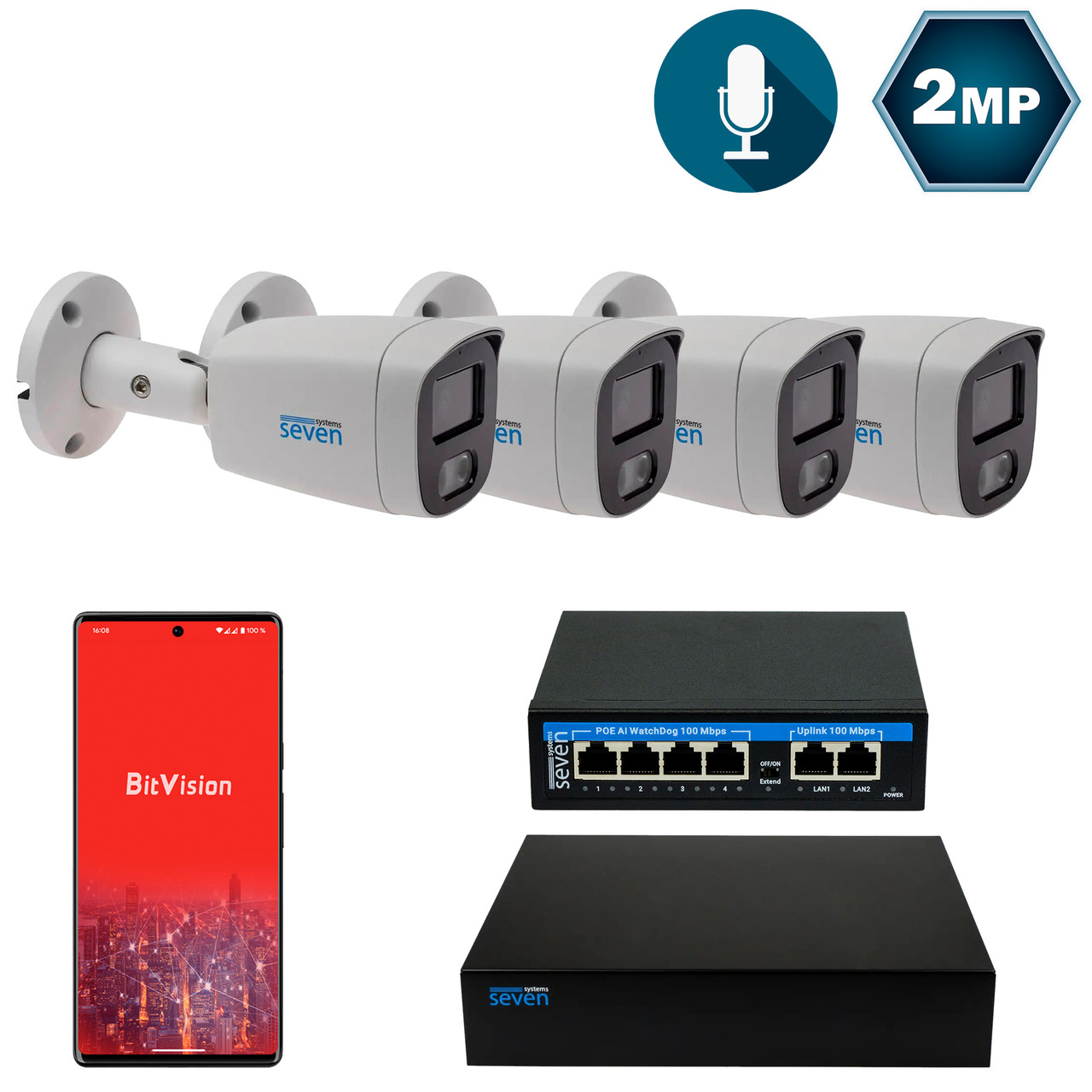Комплект відеоспостереження на 4 циліндричні 2 Мп IP-камери SEVEN IP-7222W4-2MP