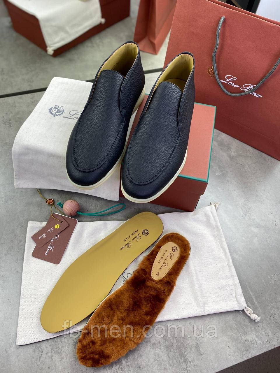 Лофері чоловічі Loro Piana Open Walk шкіряні туфлі чорного кольору з хутряною устілкою
