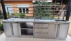 Тумба 3000х600х850 з мийкою, ящиками, полицями з неіржавкої сталі для літньої кухні та зони барбекю