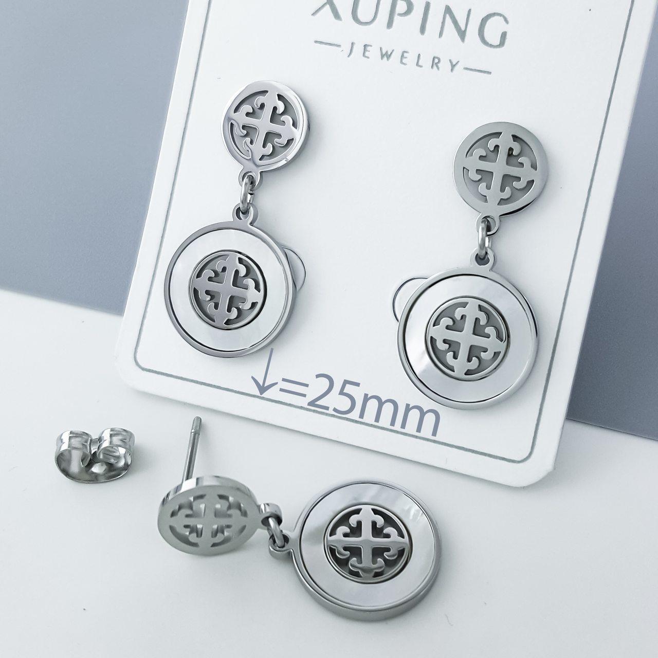 Сережки цвяшки "Класика" з білим перлатутром, медичне золото Xuping, stainless steel, родій