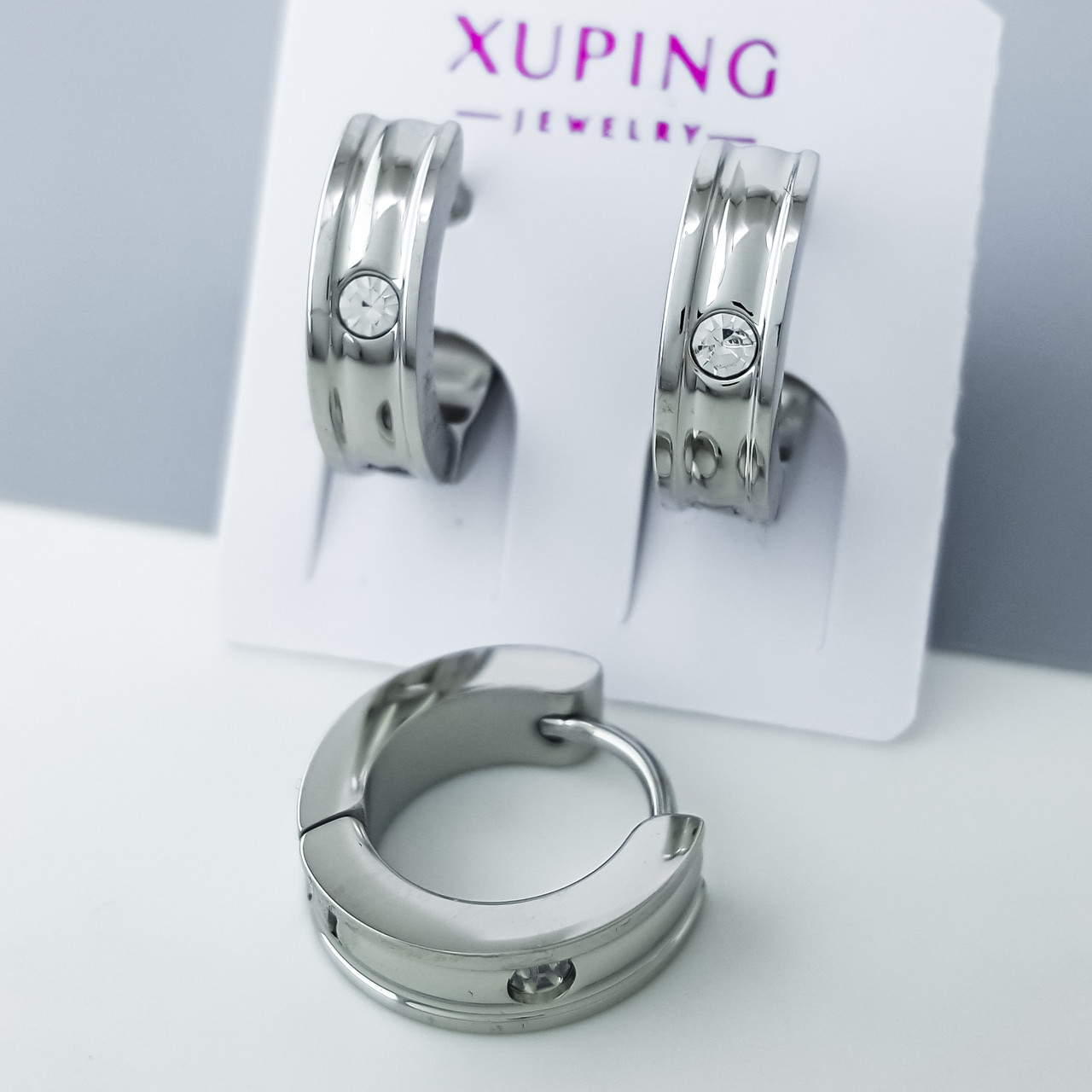 Сережки "Рельєфна Доріжка" з цирконієм, медичне золото Xuping, stainless steel, родій