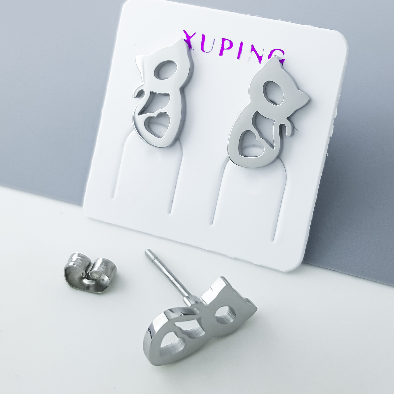 Сережки цвяшки "Котики" без каміння, медичне золото Xuping, stainless steel, родій