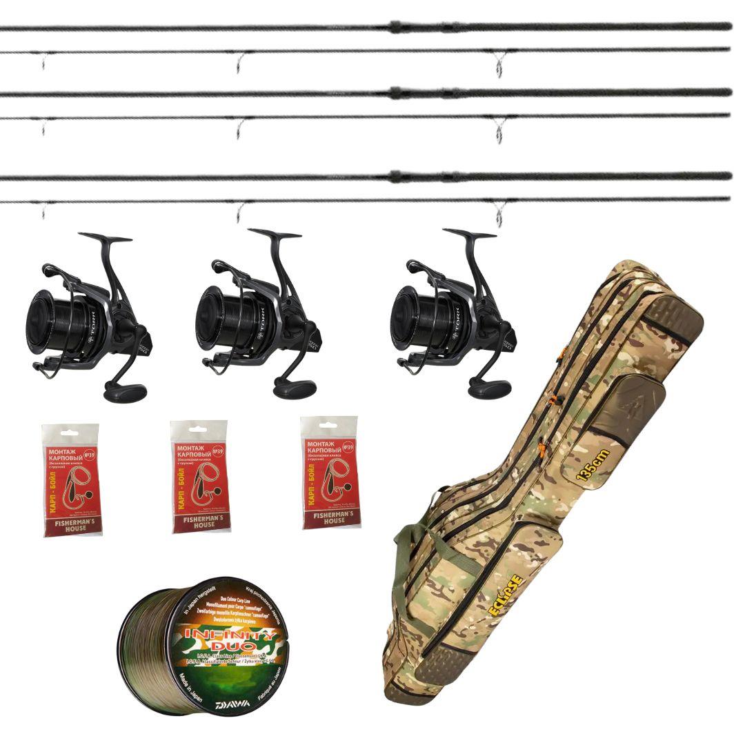 Карповий набір: Daiwa Black Widow вудилища + Carp Pro BlackPool котушки + чохол для вудилищ + волосінь Daiwa
