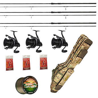 Карповий набір: Daiwa Black Widow вудилища + Carp Pro BlackPool котушки + чохол для вудилищ + волосінь Daiwa