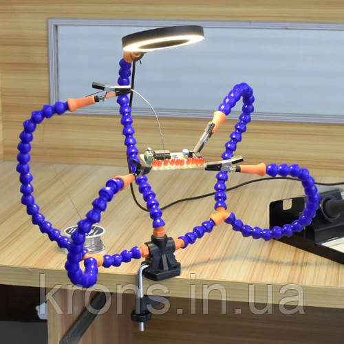 Тримач плат для паяння, третя рука, 5 гнучких валів, з лупою та LED, фото 1