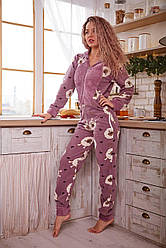 Піжама комбінезон жіноча зимова флісова з капюшоном lamb рожева