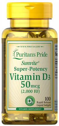 Вітамін Д3 Puritan's Pride Vitamin D3 2000 IU 100 капсул, фото 1