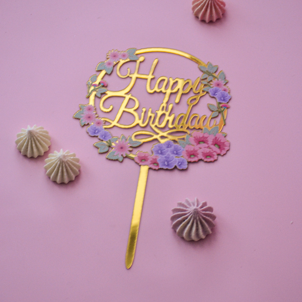 Топпер дзеркальний золото "Happy Birthday" (квіти) 7849